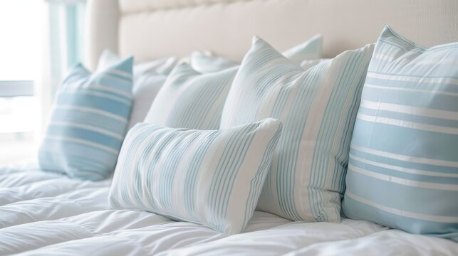 White and light blue striped pillows with pattern