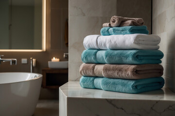 Weiche Handtücher im sanften Licht eines marmorgefliesten Badezimmers - obrazy, fototapety, plakaty