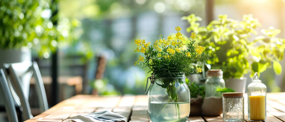 Still life mockup with vase of spring flowers bouquet on table. Backyard garden exterior. Floral background. Generative ai