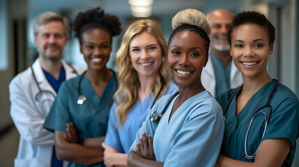 Diverse group of happy healthcare professionals posing together - obrazy, fototapety, plakaty