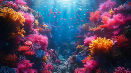 Surreal underwater scene with colourful coral
