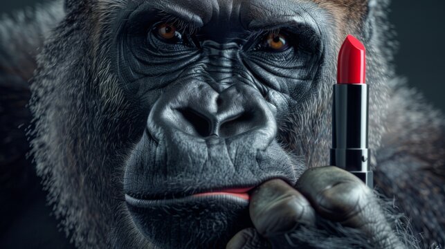 The monkey is holding red lipstick in his hands. Parody of beauty advertising with a gorilla