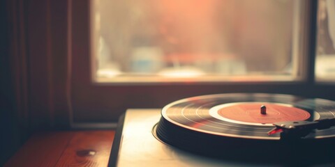 A nostalgic scene featuring a vinyl record playing on a turntable beside a warmly lit window. - obrazy, fototapety, plakaty