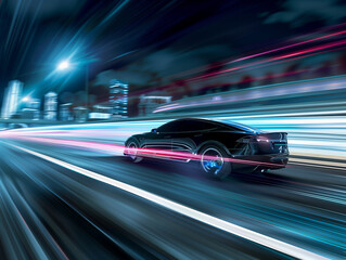 Modern electric car on highway at night - A motion blur photo fast car