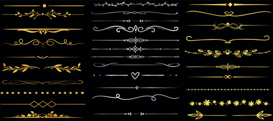 Golden line borders on a black background. Perfect divider for luxury design projects, invitations, and certificates. Enhance aesthetics with these intricate border, ornamental detail - obrazy, fototapety, plakaty