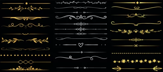 Tuinposter Golden line borders on a black background. Perfect divider for luxury design projects, invitations, and certificates. Enhance aesthetics with these intricate border, ornamental detail © Arafat