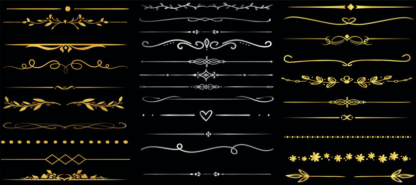 Golden line borders on a black background. Perfect divider for luxury design projects, invitations, and certificates. Enhance aesthetics with these intricate border, ornamental detail