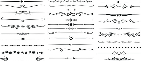 ornamental text divider, elegant border design elements, perfect for web, page decoration, invitations, cards. Vintage style, monochromatic, vector set. Unique, intricate swirls, curls, shapes