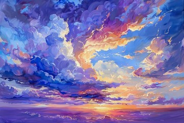 Majestic Sunset Cloudscape with Vibrant Colors - Dramatic Sky Painting Illustration for Background...