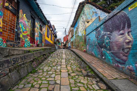 bogiota, colombia. 5th august, 2022: colorful street of la candelaria district in bogota, colombia	