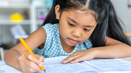 A young Asian girl concentrates intently while writing on a workbook, deep in thought with her homework.

