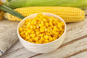 Canned yellow corn in the bowl