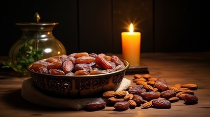Ramadan Kareem and iftar Muslim food holiday concept featuring a bowl of dried dates and lanterns with candles, presenting ideas for celebration.