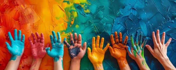 Playful image of children's hands covered in vivid paint against a colorful background, symbolizing...