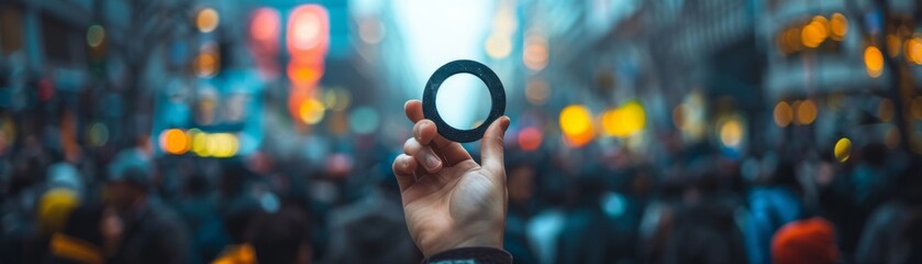 An illustration of perspective and focus concept is depicted through a hand holding a lens, with a clear focus on a busy crowd bustling in the background. - obrazy, fototapety, plakaty