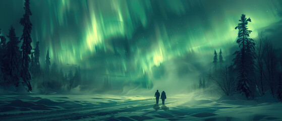 Green Aurora borealis or northern lights glowing in the night sky - obrazy, fototapety, plakaty