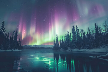 Aurora borealis or northern lights in the night sky - obrazy, fototapety, plakaty