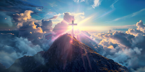 sunrise in the mountain with a cross.  - obrazy, fototapety, plakaty