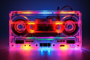 Fototapeta na wymiar Vintage Music cassette neon. Music radio. Generate Ai