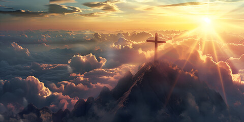 Christian cross on top of a mountain with the sunset in the background - obrazy, fototapety, plakaty