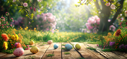 Easter Eggs in a beautiful and bright spring meadow - obrazy, fototapety, plakaty