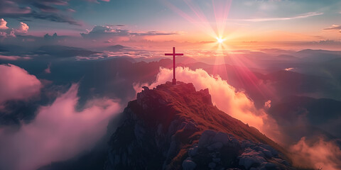 Beautiful cross at sunset on a mountain top - obrazy, fototapety, plakaty