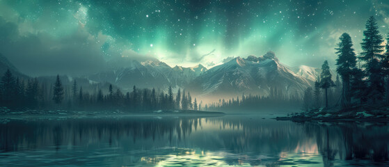 Aurora borealis or northern lights glowing in the night sky - obrazy, fototapety, plakaty