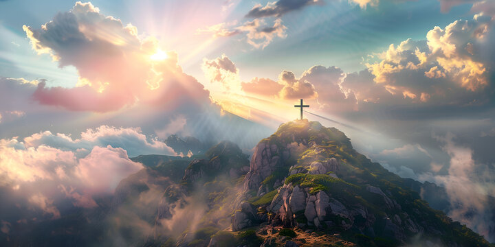 Christianity cross in a mountain. Resurrection. god 