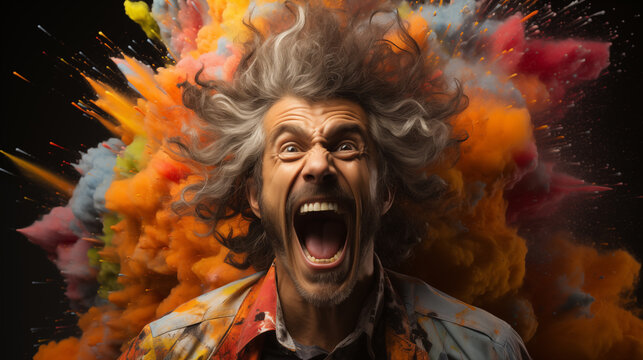 Man with wild hair expression amidst vibrant color explosion, symbolizing excitement or creativity.