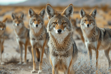 Fototapeta premium pack of wild coyotes in the desert