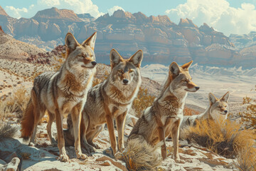pack of wild coyotes in the desert - obrazy, fototapety, plakaty