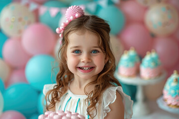 Fototapeta na wymiar Portrait of a girl on her birthday against the background of balloons