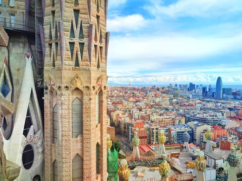View of the city of Barcelona,  from the highest point of the Basilica de la Sagrada Familia.
