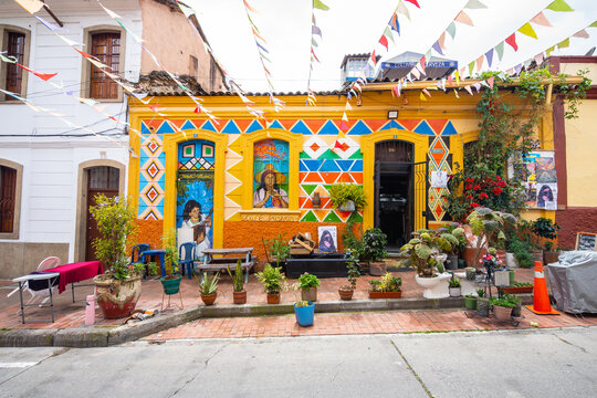 bogiota, colombia. 5th august, 2022: colorful street of la candelaria district in bogota, colombia	