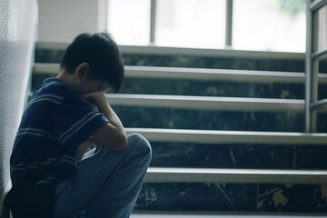 Bullying concept, Depressed boy sitting alone at stairs, Victim of school bullying, Stress and mental problems in childhood