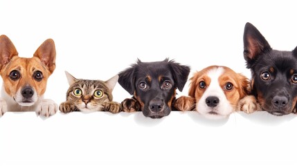 Cute different dogs and cats peeking on isolated white background, with copy space, blank for text...