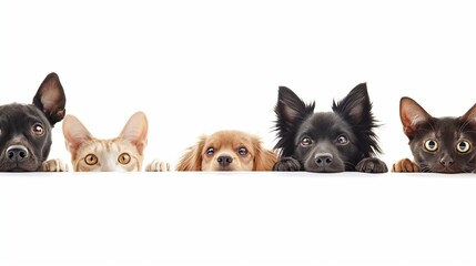 Cute different dogs and cats peeking on isolated white background, with copy space, blank for text ads, and graphic design. - obrazy, fototapety, plakaty