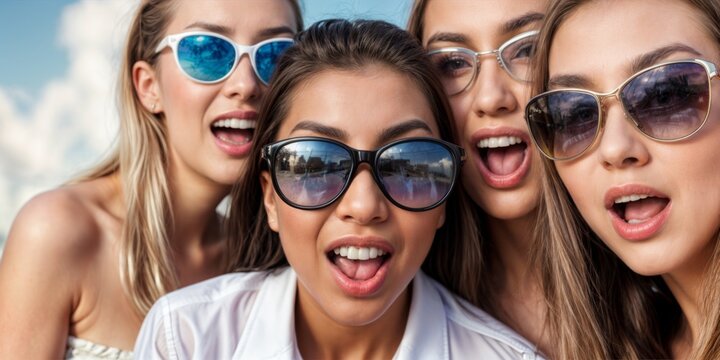 Four attractive young women in sunglasses smiling and making faces while posing