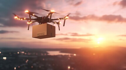 Drone delivery delivering post package, Technological shipment innovation drone fast delivery concept, and safe delivery. Drone flying through the air with a delivery box package