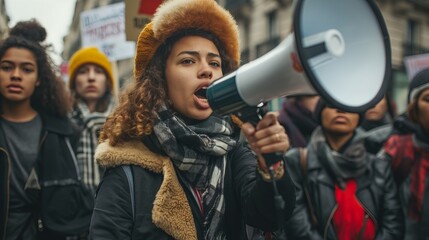 Female activists protesting with a megaphone during a strike. Group of protestors protesting on the street, anti-racism protests and unemployment - obrazy, fototapety, plakaty
