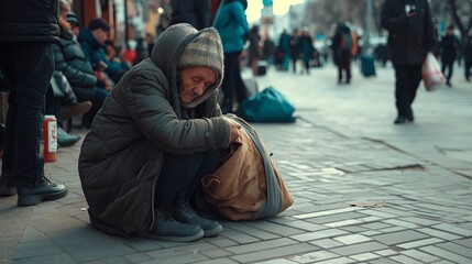 Homeless people on city streets, hungry homeless begging for help and money, Problems of big modern cities