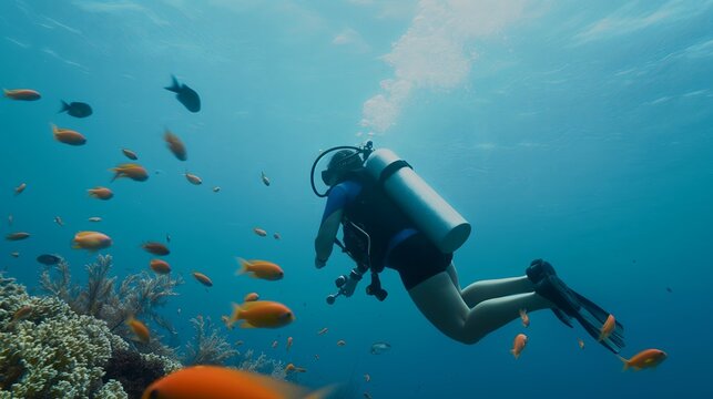 Female scuba diver, swimming underwater, admiring Colorful coral reef, underwater and examining the seabed, snorkeling amongst many exotic fish