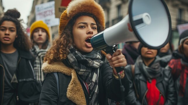 Female activists protesting with a megaphone during a strike. Group of protestors protesting on the street, anti-racism protests and unemployment