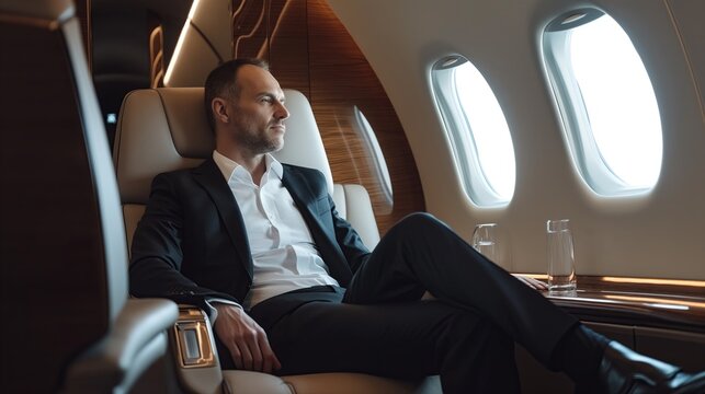 Successful Businessman entrepreneur sits in a luxurious first-class cabin or business Private jet, Comfortably travel, in-plane, fly to meeting, have a luxury lifestyle