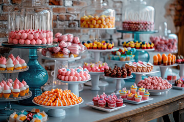 candy bar, sweet table with cakes, pastries and sweets for a birthday or wedding - obrazy, fototapety, plakaty