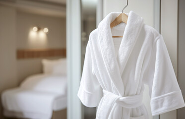 Close up of soft terry cloth spa bathrobe on the hanger