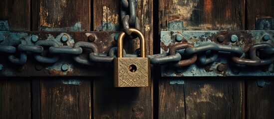 A chain lock is seen wrapped tightly around a sturdy wooden door, providing security and reinforcement against unauthorized entry. The metal chain contrasts with the rustic wood of the door - obrazy, fototapety, plakaty
