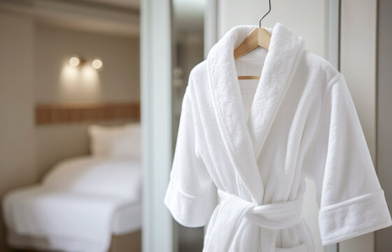 Close up of soft terry cloth spa bathrobe on the hanger