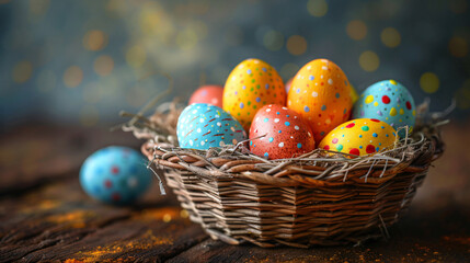 Fototapeta na wymiar Wicker basket with colorful painted Easter eggs