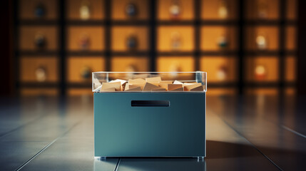 Modern file box on office floor, blurred shelves on background, concept organization and archive